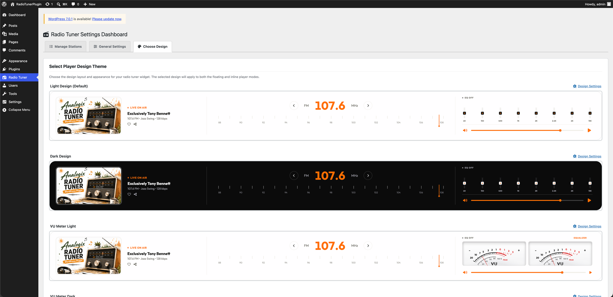 Analogix light, dark and VU meter radio player designs