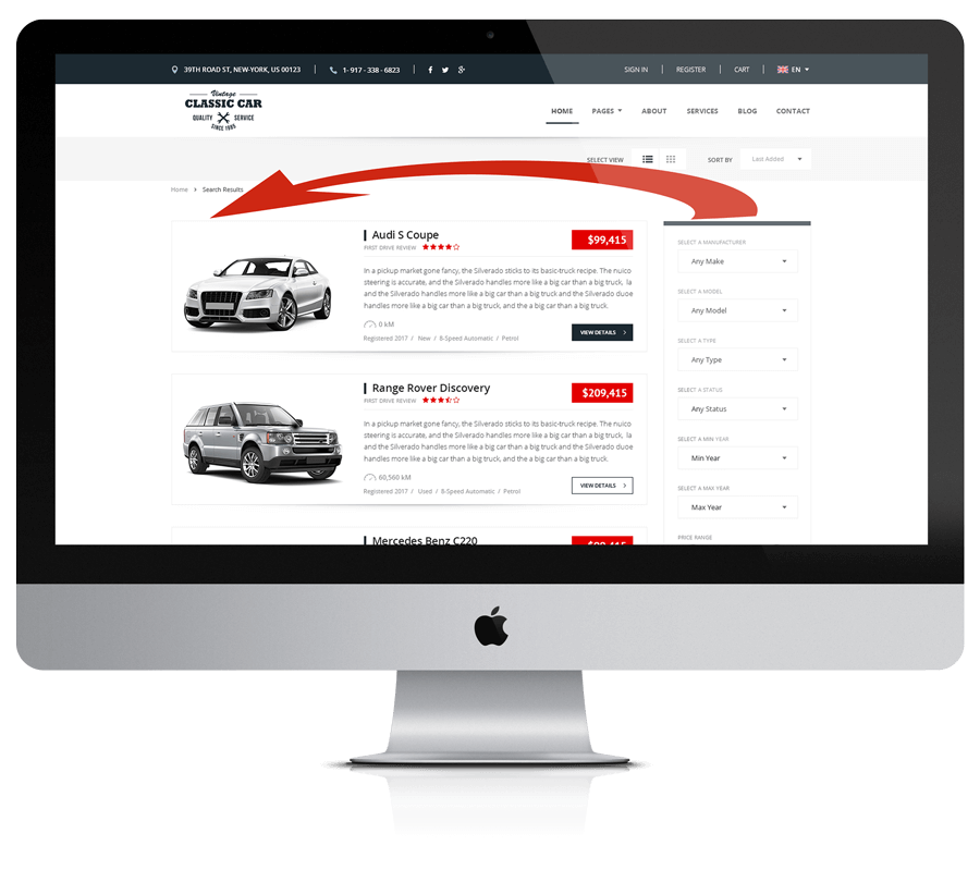 Car Marketplace template sidebar