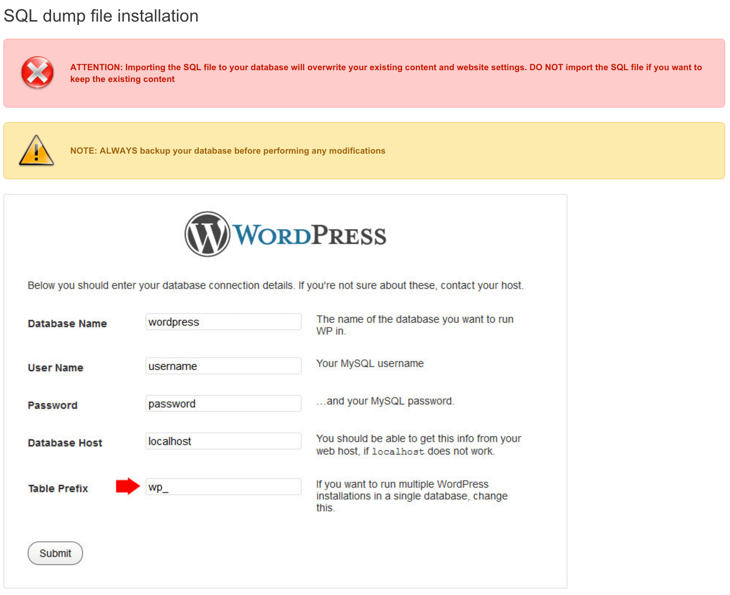 SQL dump file installation in wordpress template